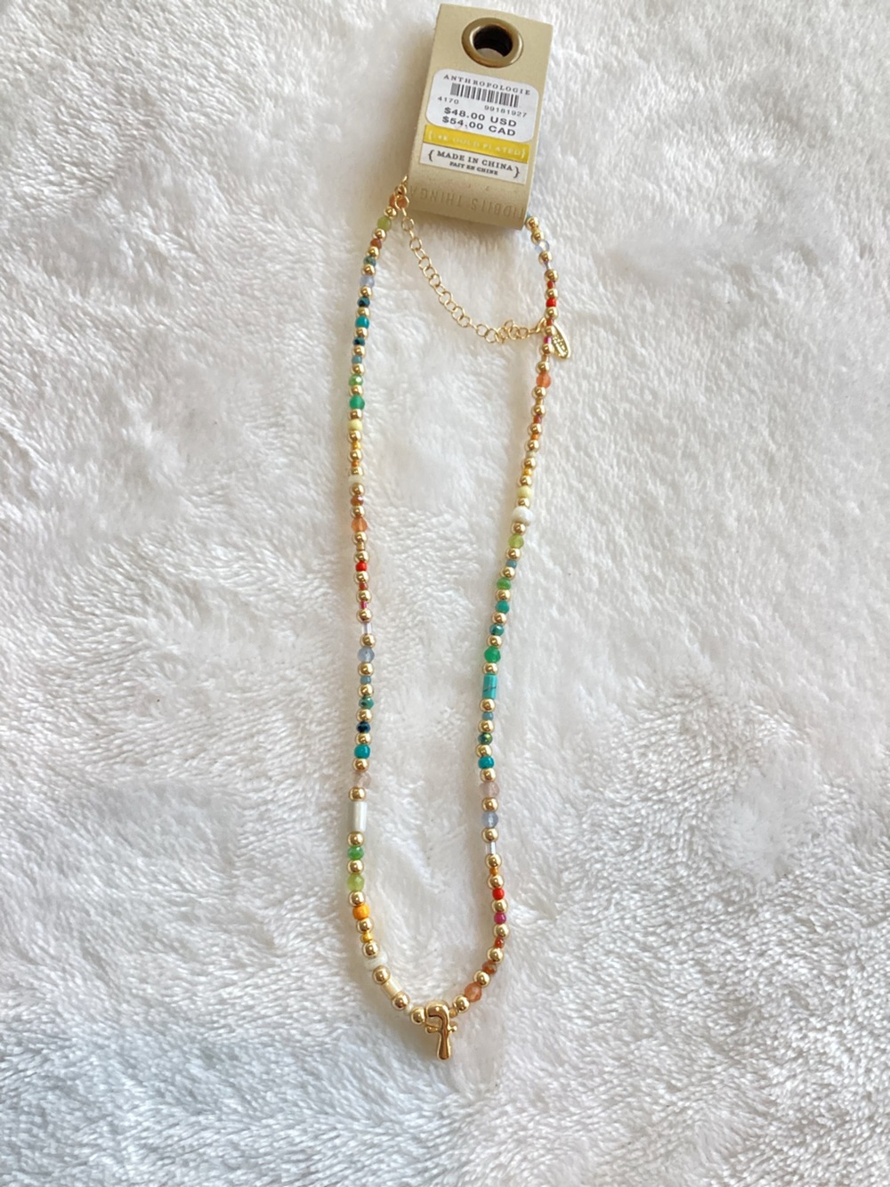 Anthropologie 14KT Gold Plated Monogram Necklace Beaded Bubble Lowercase F - Picture 4 of 6
